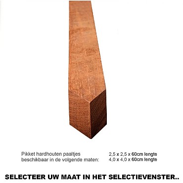 Piket hardhout ruw 40x40 mm ( 60cm )