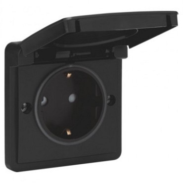 Spuitwaterdichte opbouwwandcontacdoos 16 A/250  Vac met randaarde, kind  Zwart