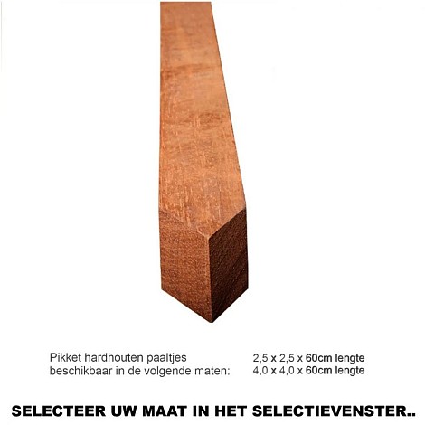 Piket hardhout ruw 40x40 mm ( 60cm )